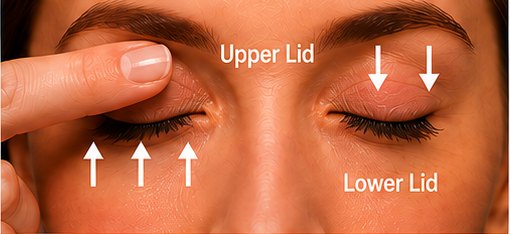 Massaging the upper lid downwards and the lower lid upwards